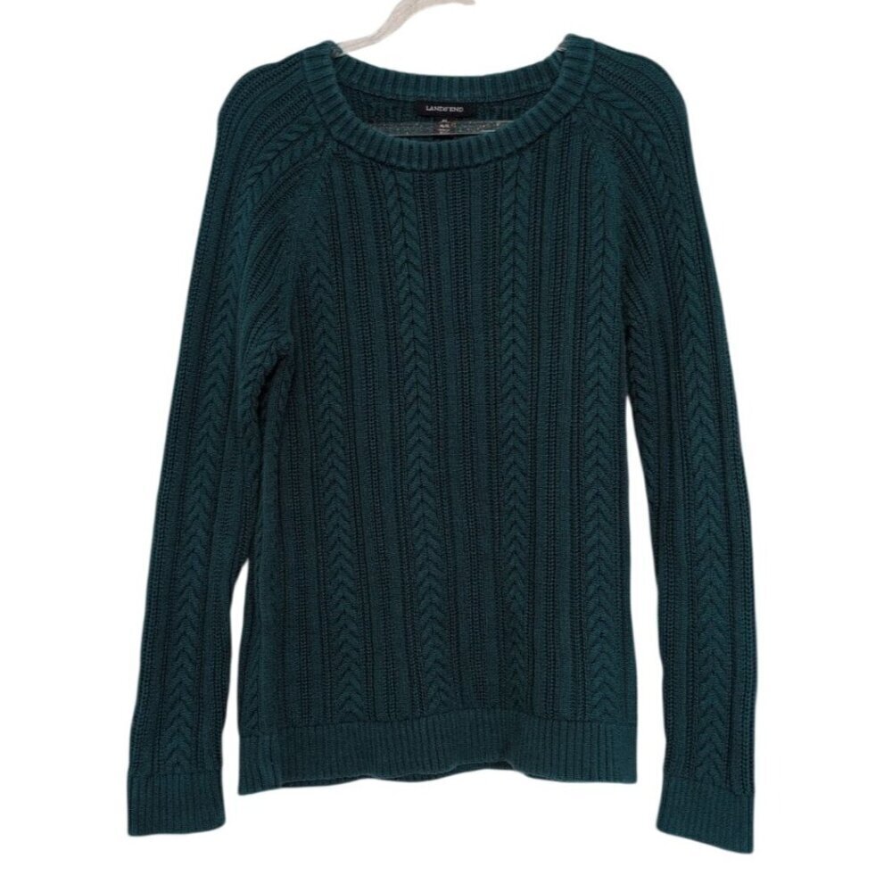 Lands End Cable Knit Sweater Womens Size Medium Green Long Sleeve Crew Neck